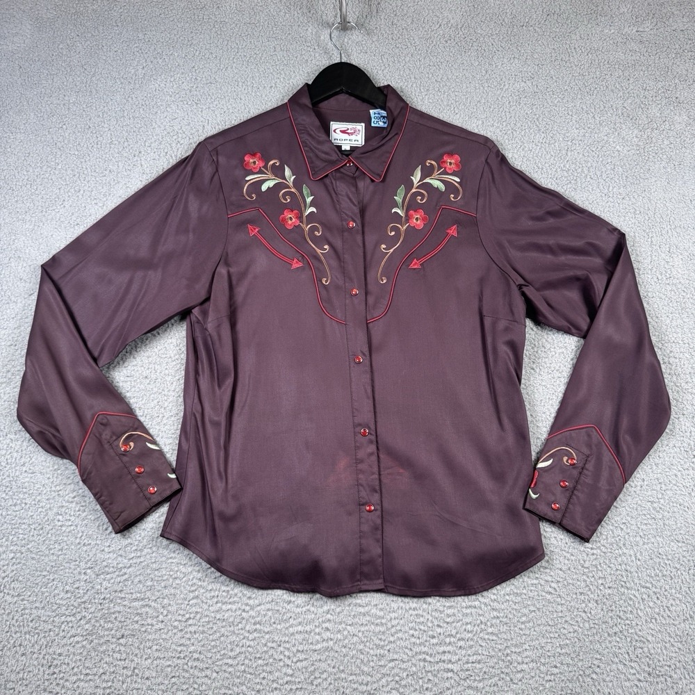 Roper Shirt Womens XL Maroon Embroidered Roses Western Pearl Snap Cowgirl READ